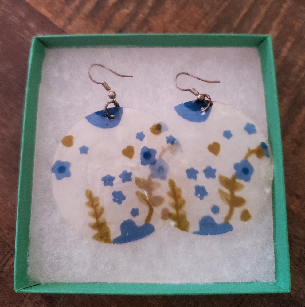 Capiz Shell Blue & Green Floral Dangle Earrings